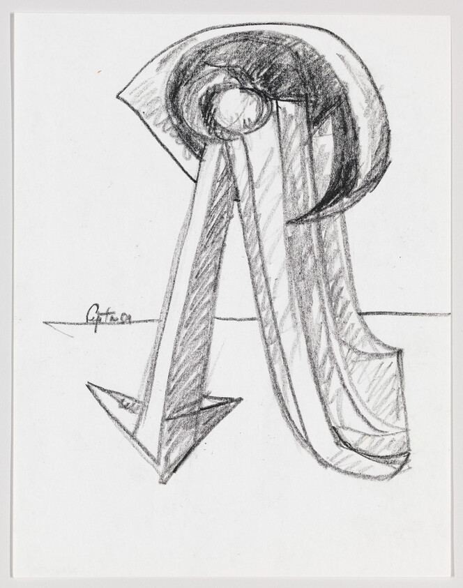 Large pencil sketch of a stylized anchor-like shape with two long downward pointed legs.