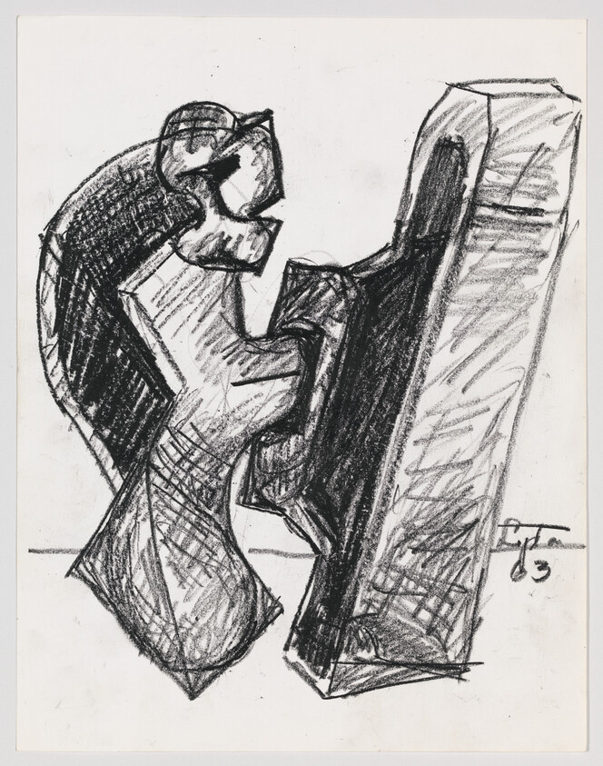 Two large interlocking abstract shapes, one curved and one rectangular, rendered in dark charcoal strokes.