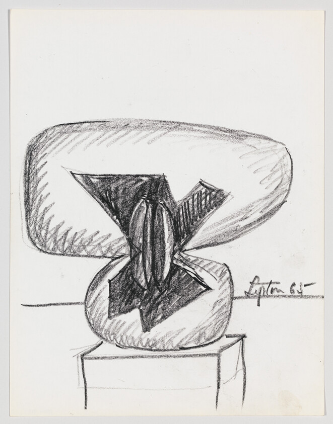 A sketch of an abstract sculpture on a pedestal, featuring a large, rounded form intersected by sharp, angular shapes. The drawing is done in pencil with visible shading and texture, and there's a signature with the date '65 in the lower right corner.