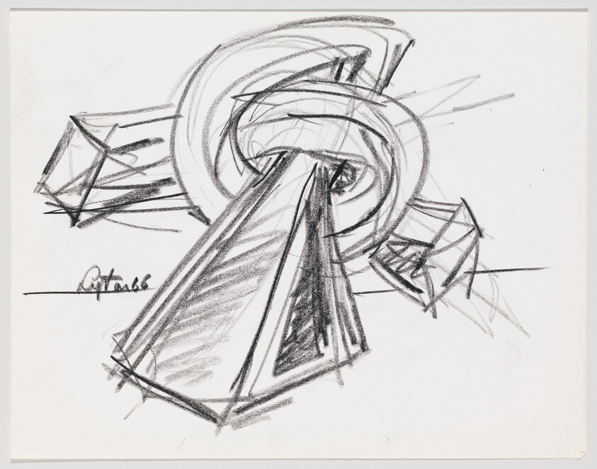 Abstract charcoal sketch showing a large triangular prism projecting through concentric circular rings.