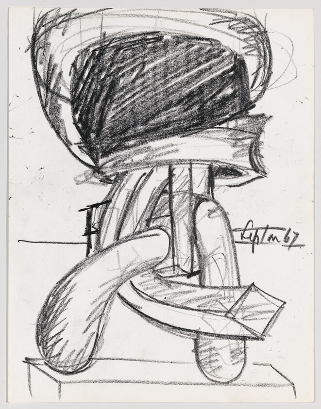 Charcoal sketch of an abstract sculpture with large curved tubular forms and a rectangular block.
