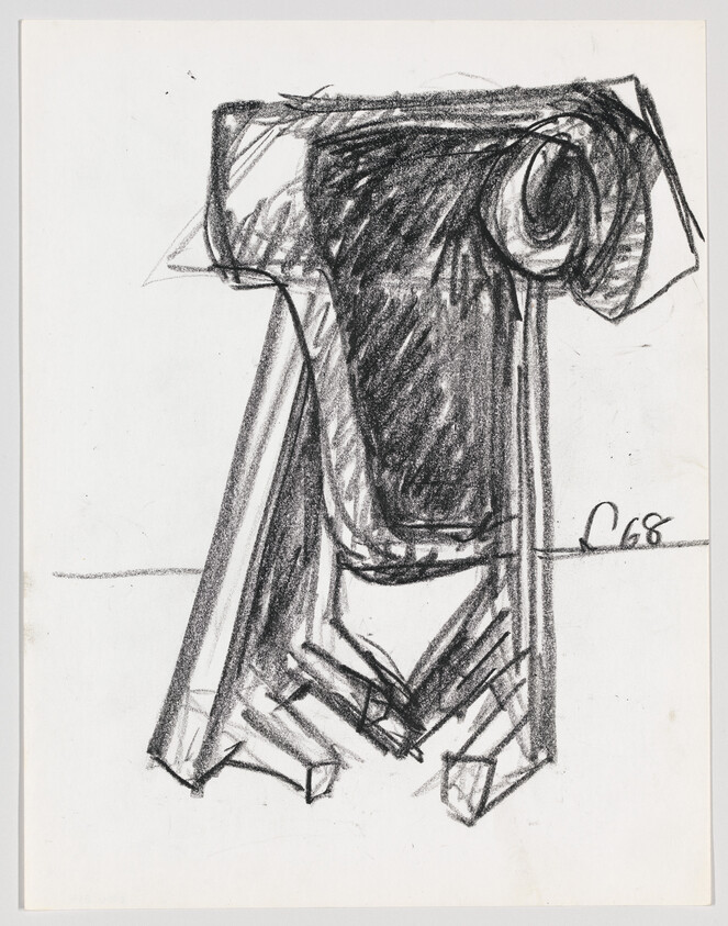 A charcoal sketch showing a three-legged stool-like form with a rolled top and heavy shading.