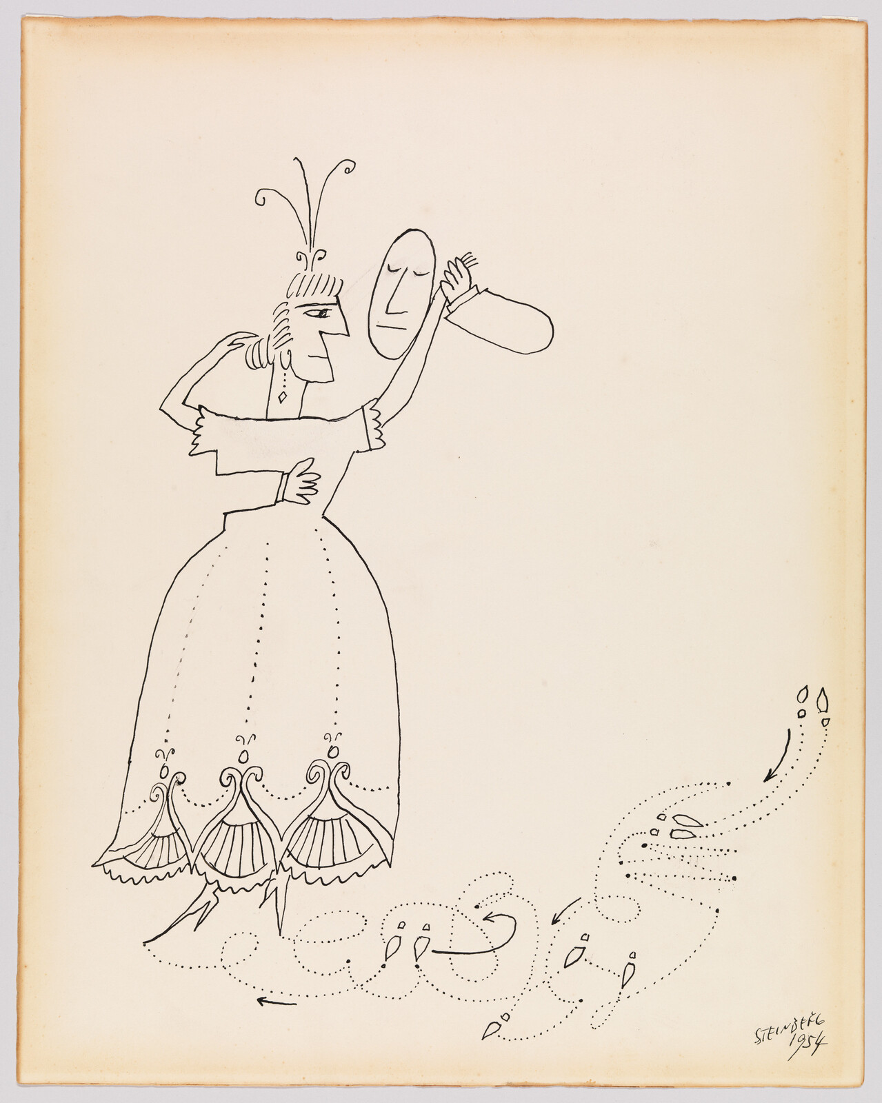 Woman in a long dress holds a mask-like face while dotted footprints trail behind her.