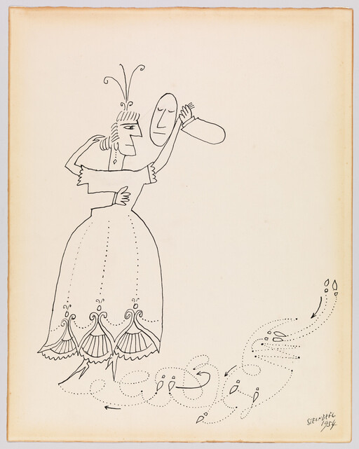 Woman in a long dress holds a mask-like face while dotted footprints trail behind her.