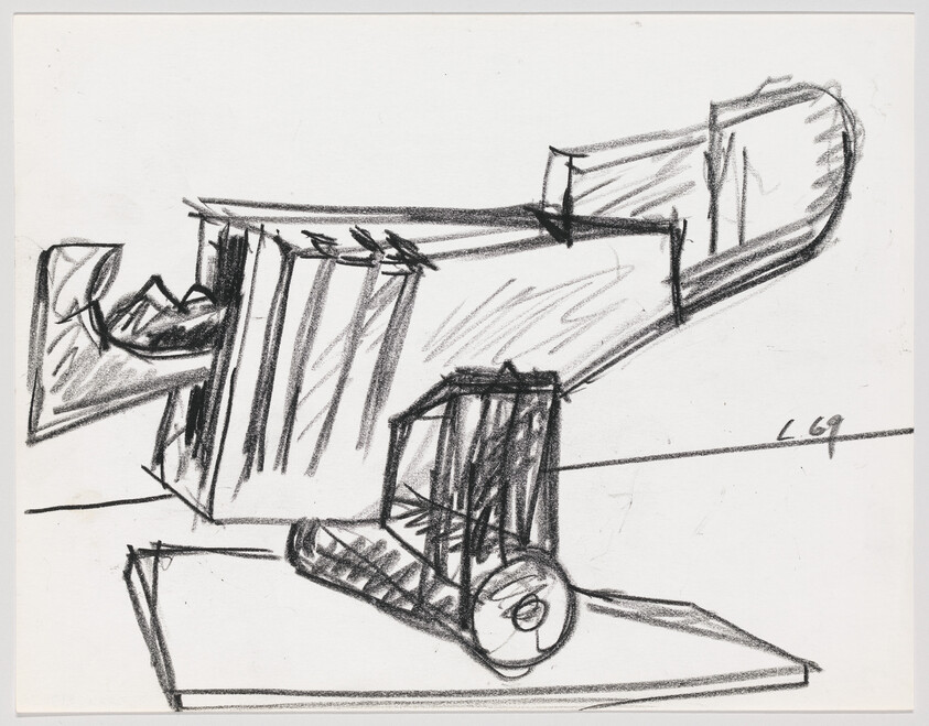 A rough pencil sketch of a blocky cannon-like machine mounted on a wheeled base.
