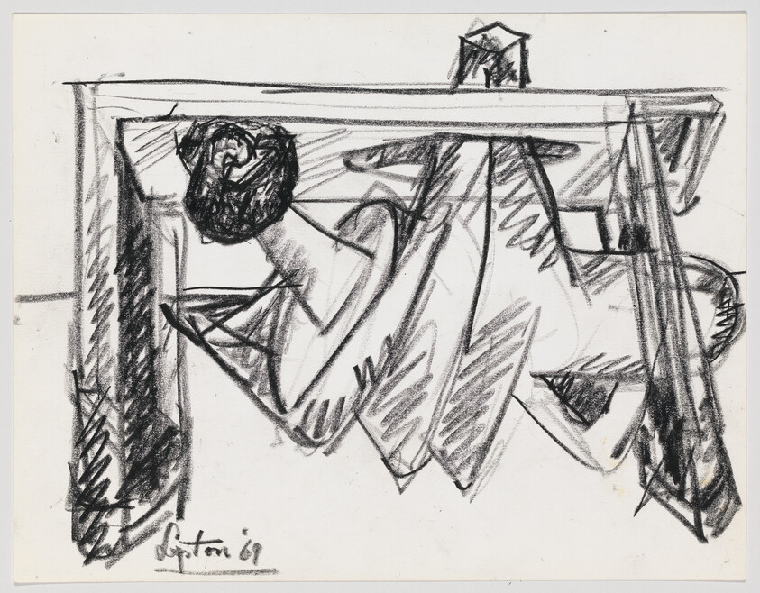 A person crawling under a table in a rough charcoal sketch.