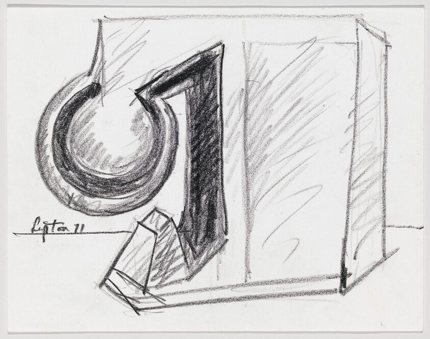 A charcoal sketch of a cube with a large circular hook and bold triangular shadow.