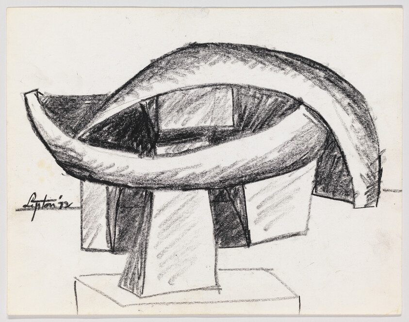 Charcoal sketch of a large curved ring resting on four block pillars on a pedestal.
