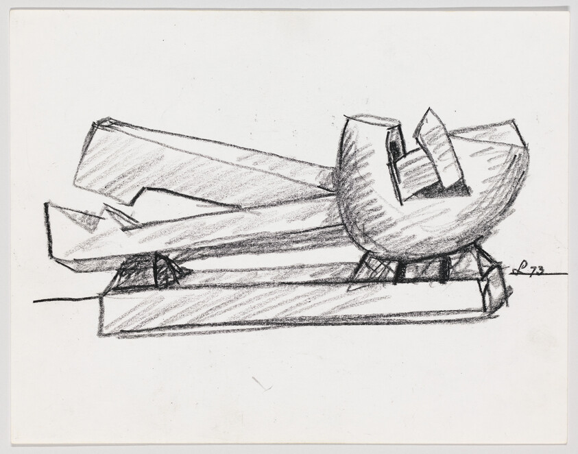 Charcoal sketch showing stacked geometric beams and a notched semicircular form resting on supports.