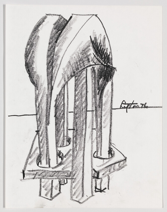 A charcoal sketch of an abstract sculpture with four tall pillars and arched tops on a rectangular base.