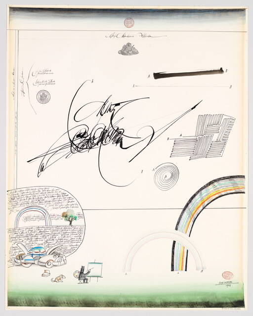 Large black calligraphic scribble dominates the center while a small artist paints near colorful rainbows.