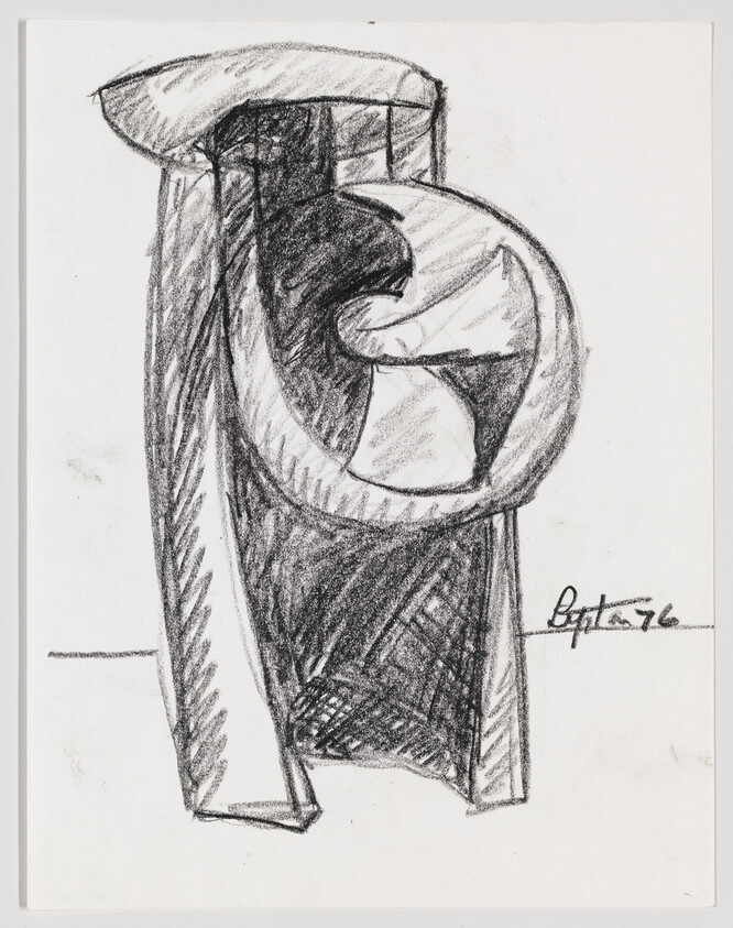 Charcoal sketch of an abstract cylindrical sculpture with curved cutouts and bold shading.