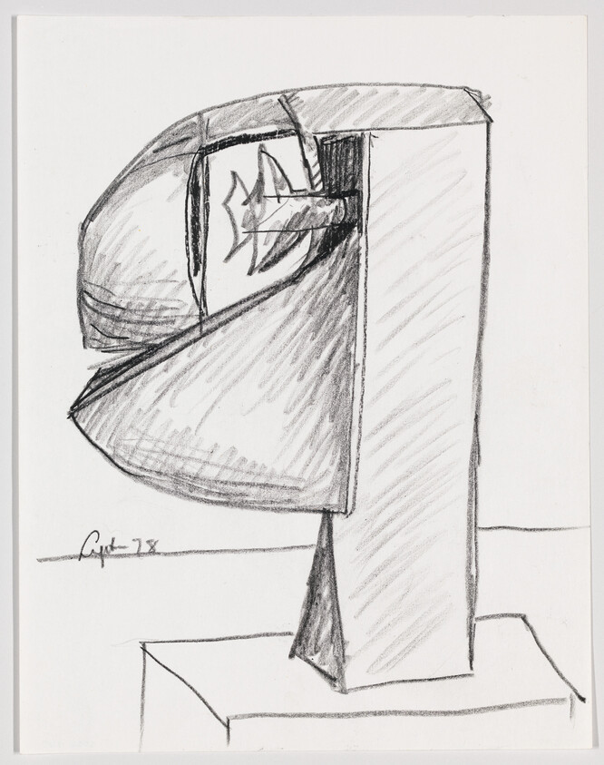A pencil sketch of an abstract helmet-shaped sculpture mounted on a rectangular pedestal with flame detail.