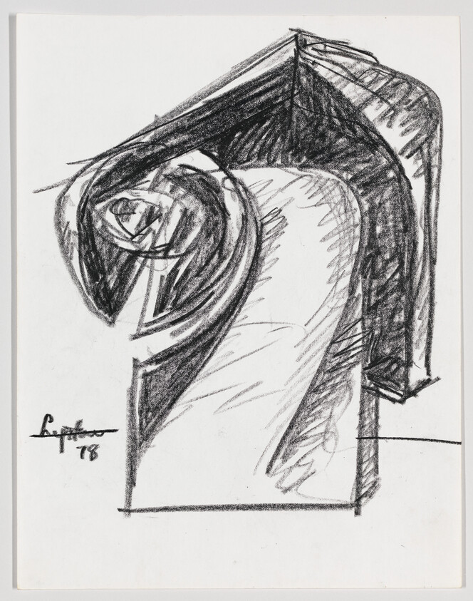 Charcoal sketch showing a large sweeping curved form like a folded, spiraling abstract sculpture.