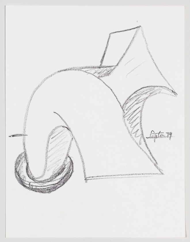 Simple pencil sketch of an abstract curved structure with a circular base.