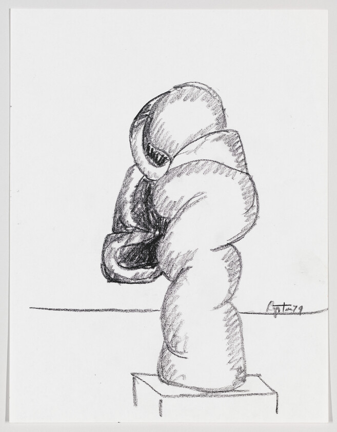 Pencil sketch of a stylized figure sitting with its head resting on its knees, viewed from the side. The figure appears contemplative or despondent. The drawing is signed by the artist at the bottom right corner.