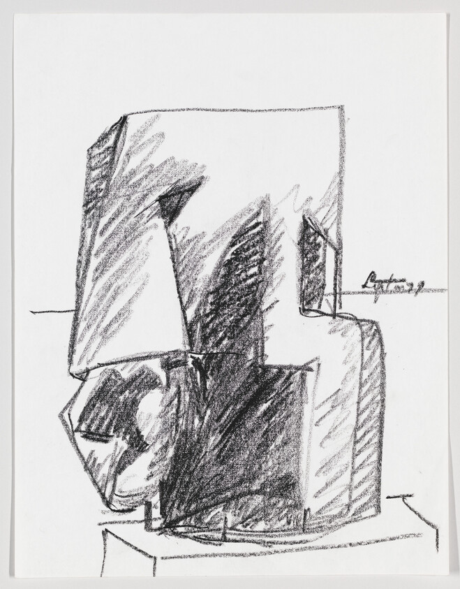 Charcoal sketch of a blocky abstract sculpture with heavy shading standing on a pedestal.