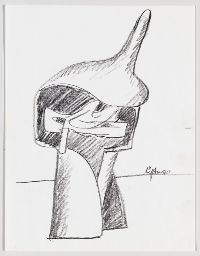 Abstract charcoal sketch of a stylized helmet or head with a tall curved horn.