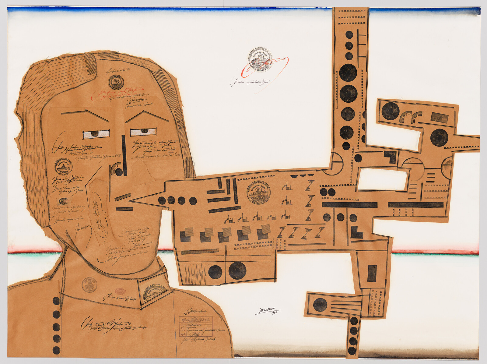 A stylized brown-paper face connected to a geometric mechanical contraption extending from its mouth.