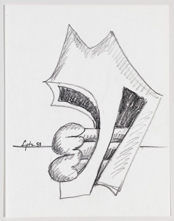 Pencil sketch of an abstract folded shape with rounded cloud-like forms and shaded stripes.