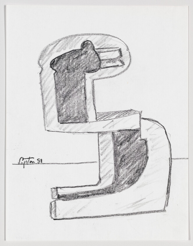 Abstract charcoal sketch of a blocky, stacked S-shaped form with shaded interior.