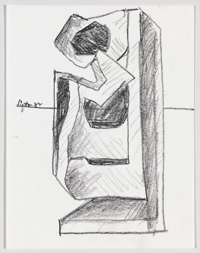 Abstract charcoal sketch of a seated figure formed from geometric shapes with strong vertical shading.