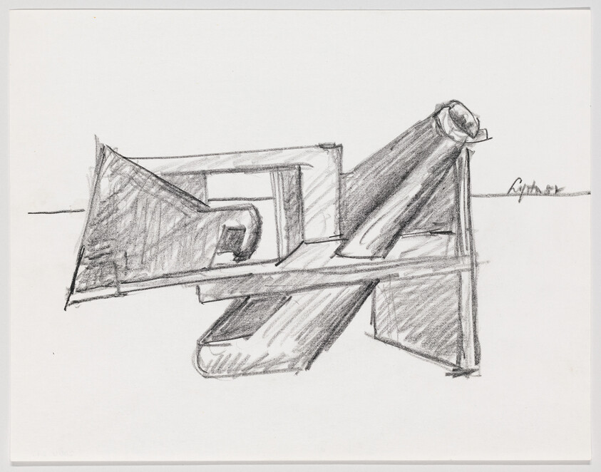 A pencil sketch shows interlocking geometric shapes and angled tubes forming an abstract structure.