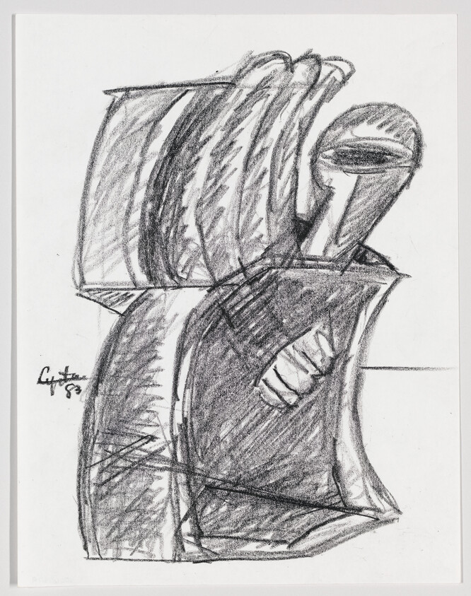 Abstract charcoal drawing of a seated, draped figure with a rounded head and folded arm.