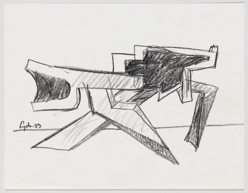 Abstract pencil sketch of an angular, geometric structure with overlapping shaded planes and bold outlines.