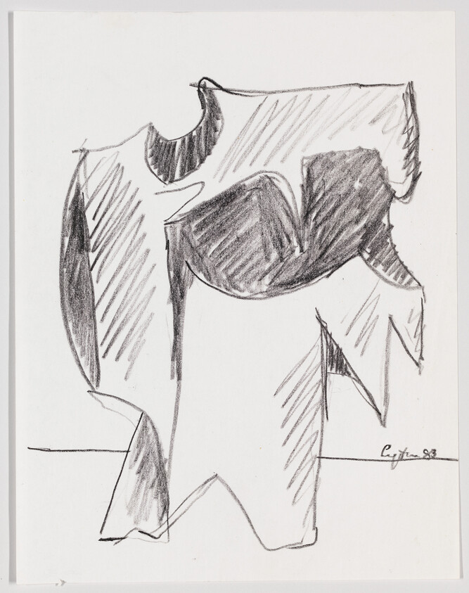 Rough charcoal sketch of abstract draped garment with bold shaded shapes on a plain background.