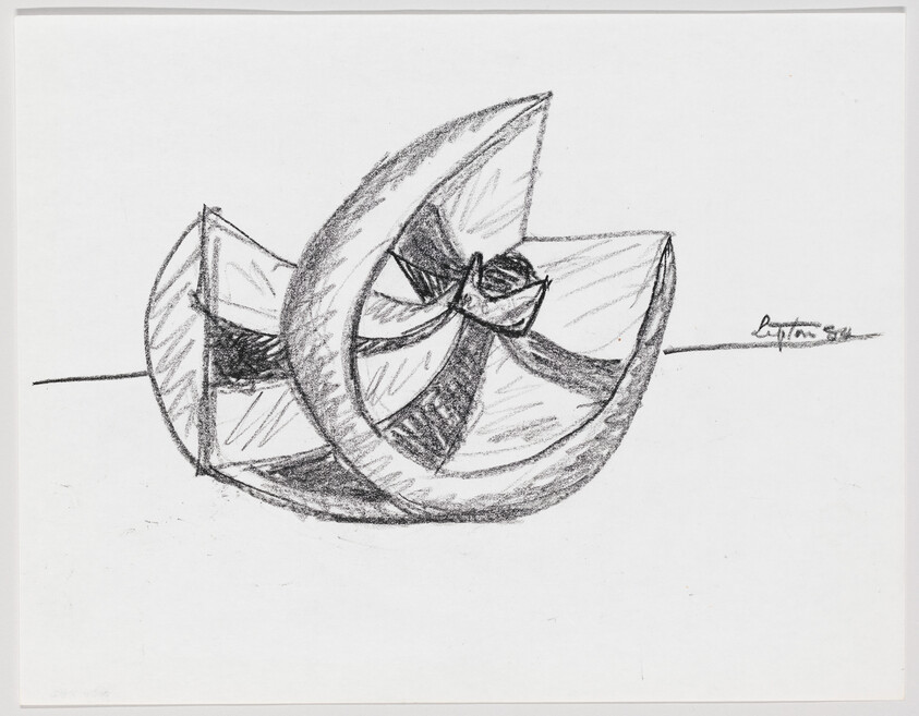 Charcoal sketch of a crescent-shaped sliced fruit with overlapping segments on a flat surface.
