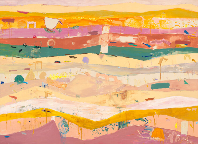 Abstract painting of colorful horizontal bands and textured layers suggesting a bright, layered landscape.