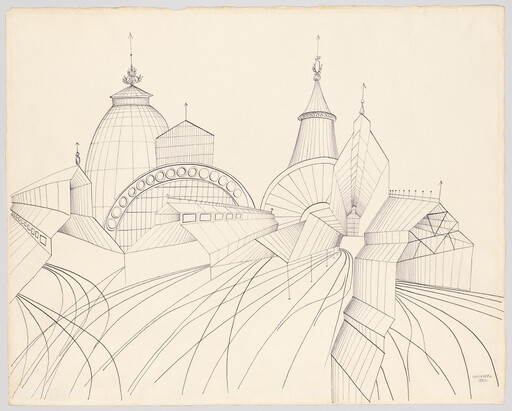 A detailed pen drawing of futuristic domed and spired buildings above curved rail tracks.