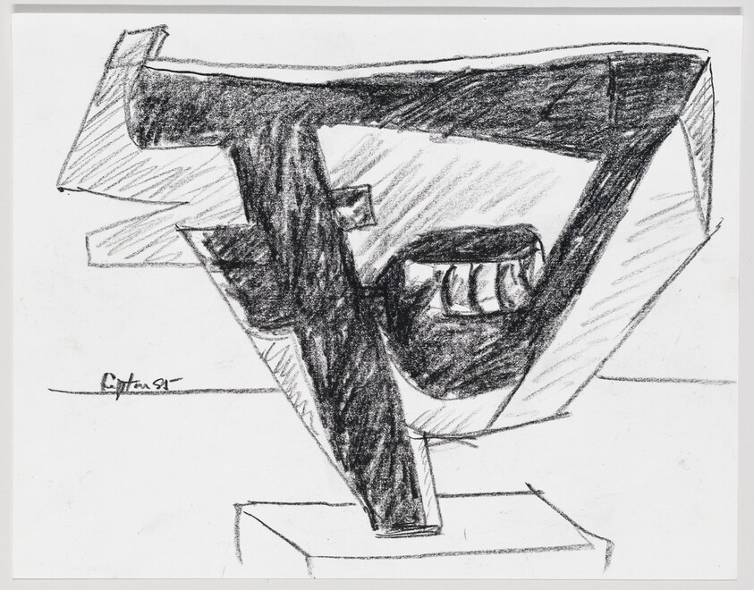 A black and white abstract sketch with geometric shapes and shading, signed by the artist in the bottom left corner with the date '91.