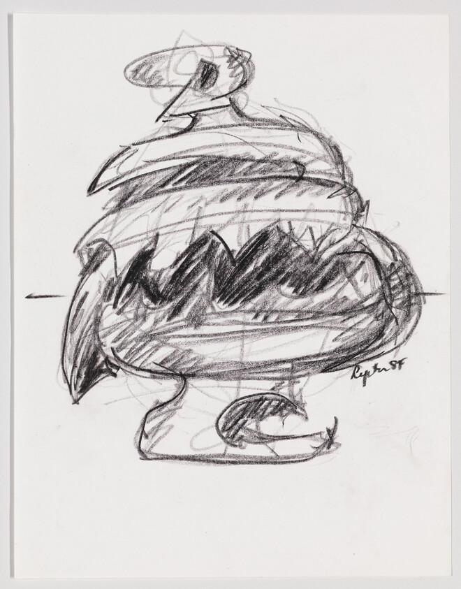 Rough pencil sketch of a covered pedestal bowl with bold, scribbled shading.