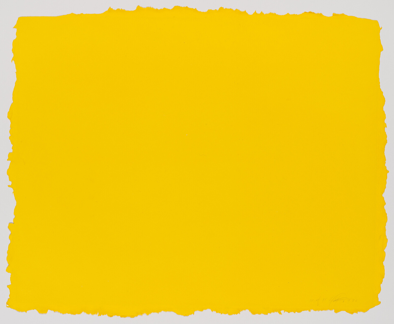 Bright yellow torn-edged square paper centered on a white background.