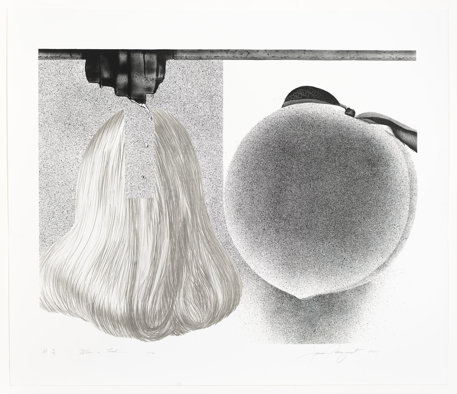 Long hanging hair-like shape dripping from a pipe next to a large textured peach with a leaf.