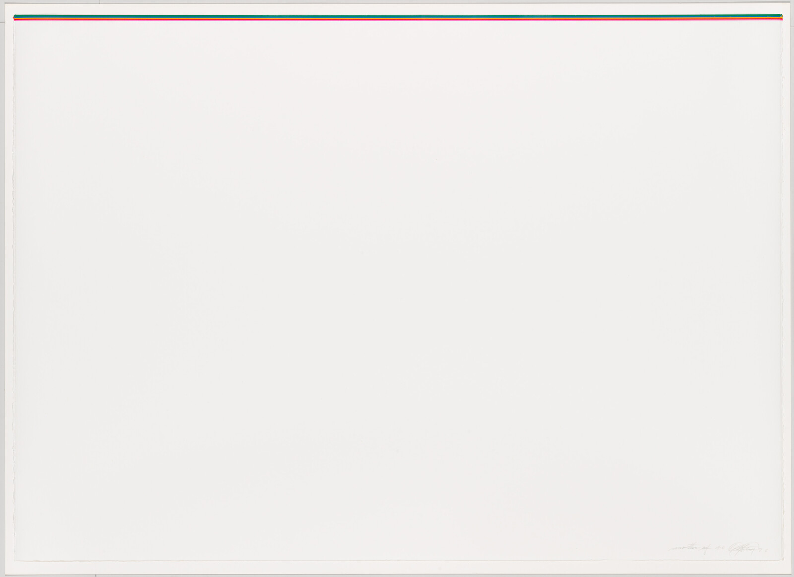 Large white paper with thin red, green, and yellow stripes along the top edge.