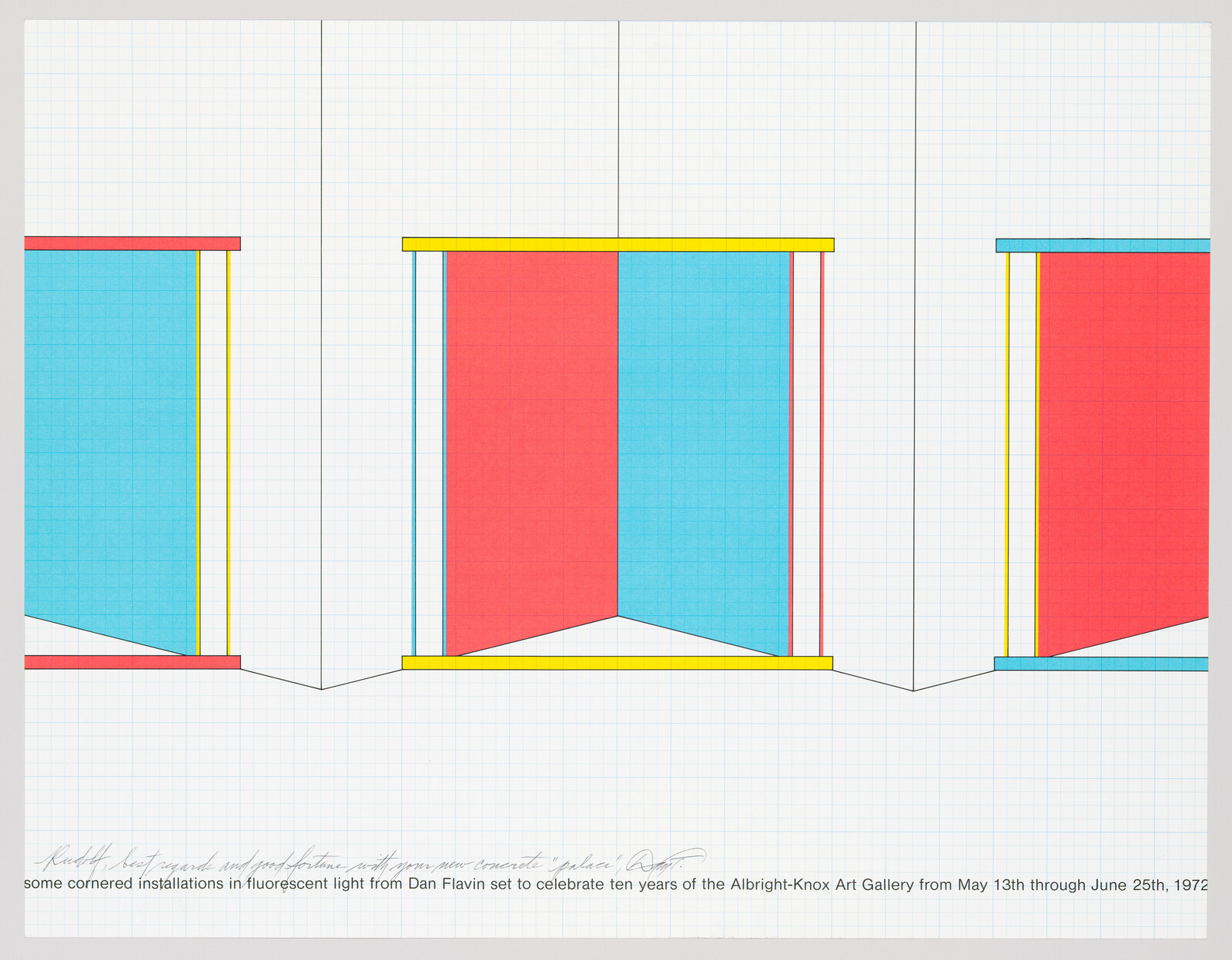 Three cornered fluorescent light installations with red, blue, and yellow panels drawn on grid paper.