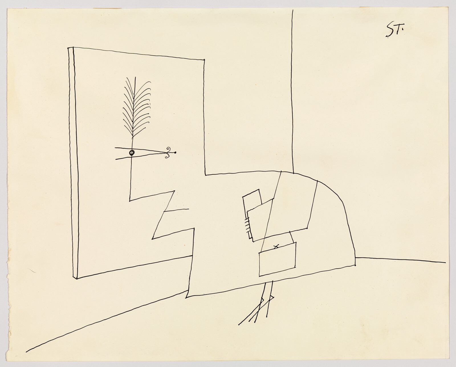 A simple line drawing of a boxy bird with thin legs standing beside a framed plant sketch.