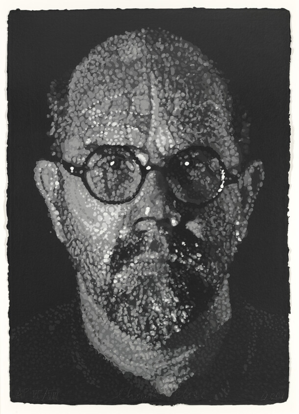 A grayscale portrait of a man with glasses, created using a dot pattern technique.