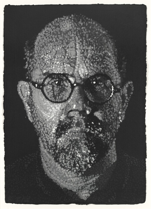 A close-up portrait of a bald man with round glasses and a short beard in a stippled style.