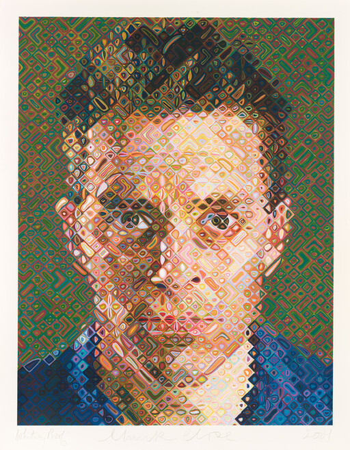 A stylized portrait of a man's face made from colorful repeating diamond shapes.