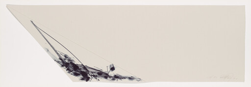 Abstract beige panel with bold black diagonal brush strokes concentrated in the lower-left corner.