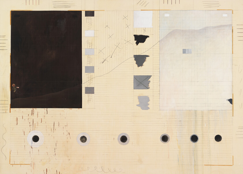 Abstract composition with a large black square, pale grid panel, and row of five circular holes along the bottom.