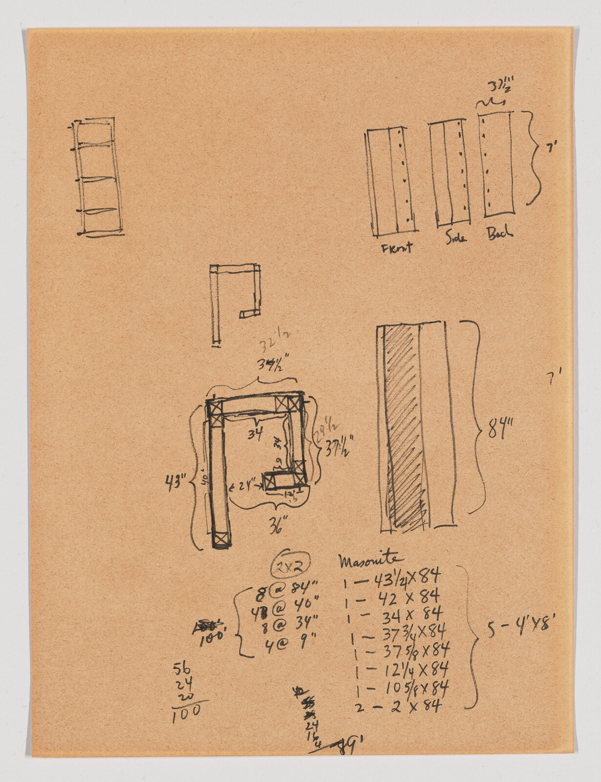 Hand-drawn sketches and calculations on a brown paper sheet, depicting various views of a woodworking project. The drawings include front, side, and back elevations of a structure, with dimensions noted in inches. There are also mathematical computations related to the materials needed, specifically mentioning "Masonite" and "2x2" pieces with quantities and measurements. The sketching style is informal, with some notes and numbers crossed out or overwritten.