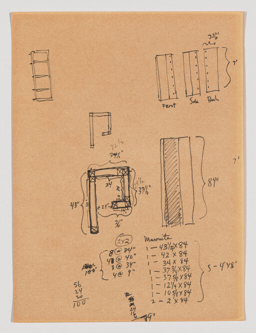 Hand-drawn cabinet and shelving sketches with measurements and a material list on brown paper.
