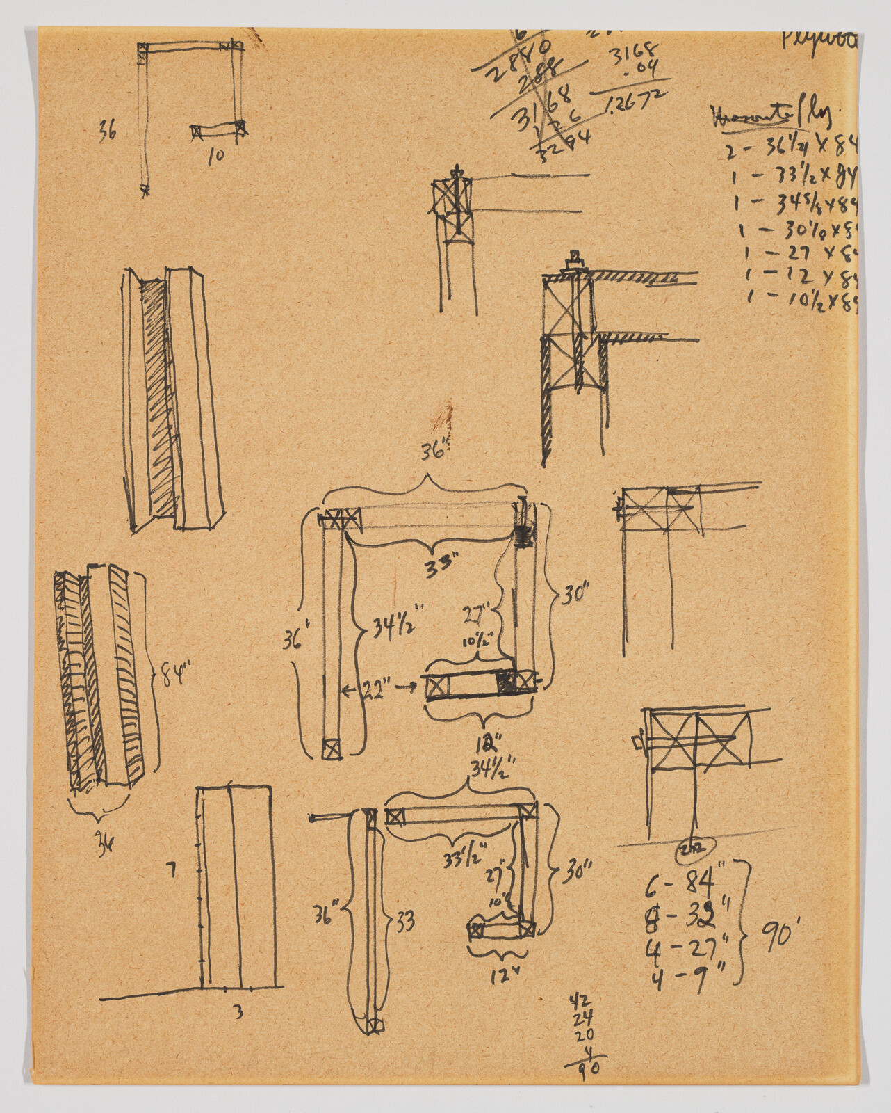 Hand-drawn construction sketches and measurements of a rectangular frame with notes and dimensions.