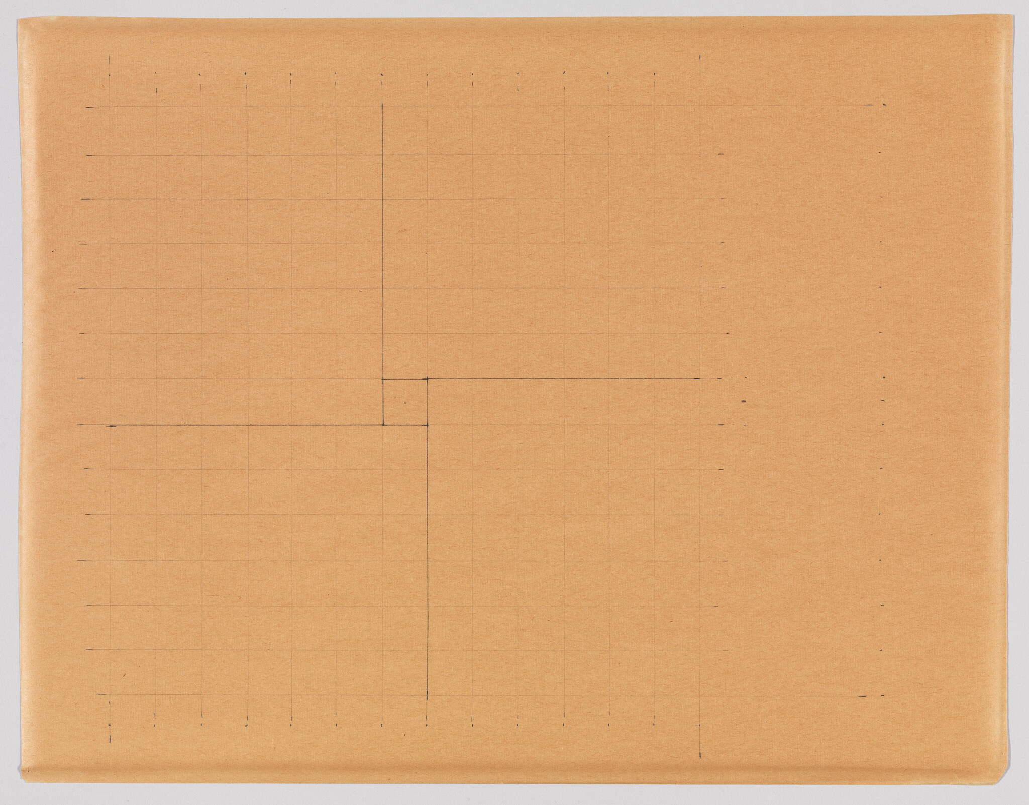 A sheet of brown paper with a faint pencil grid and intersecting vertical and horizontal lines.