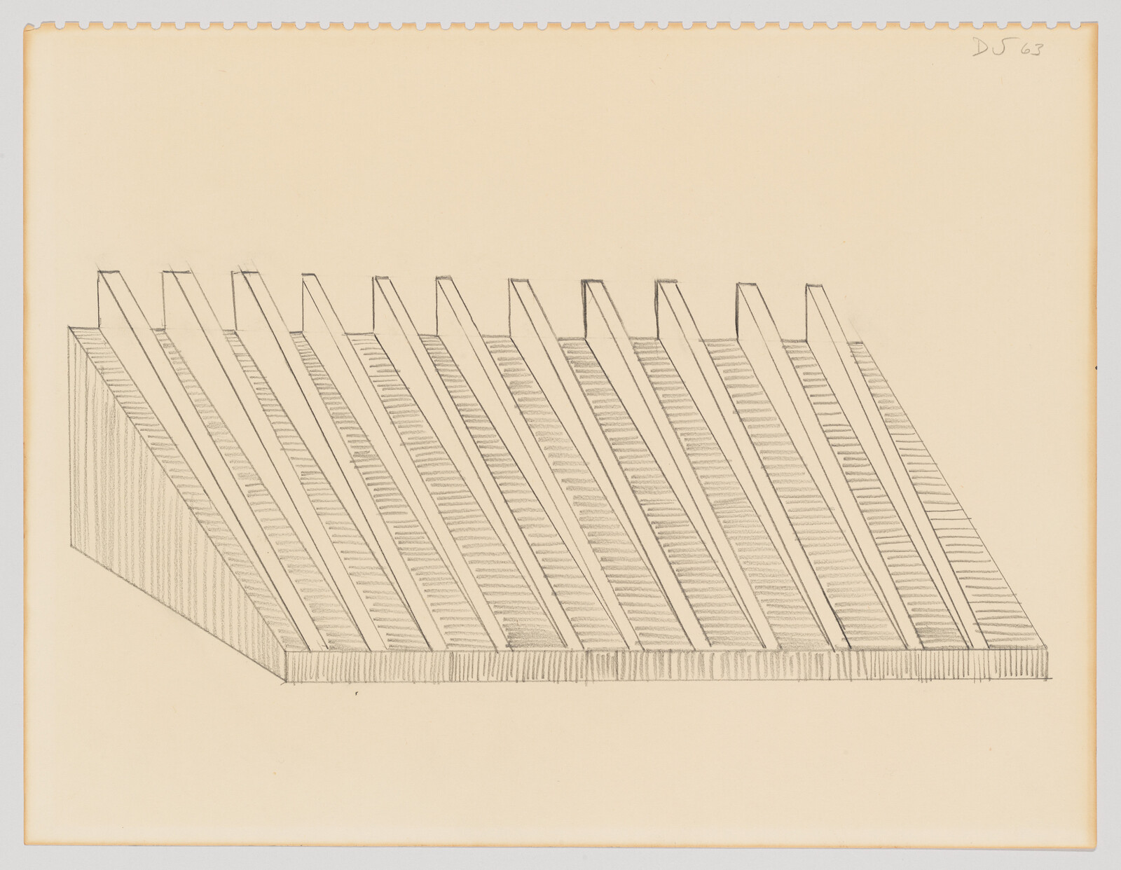 Tilted parallel wooden beams drawn on a rectangular base in a pencil architectural sketch.